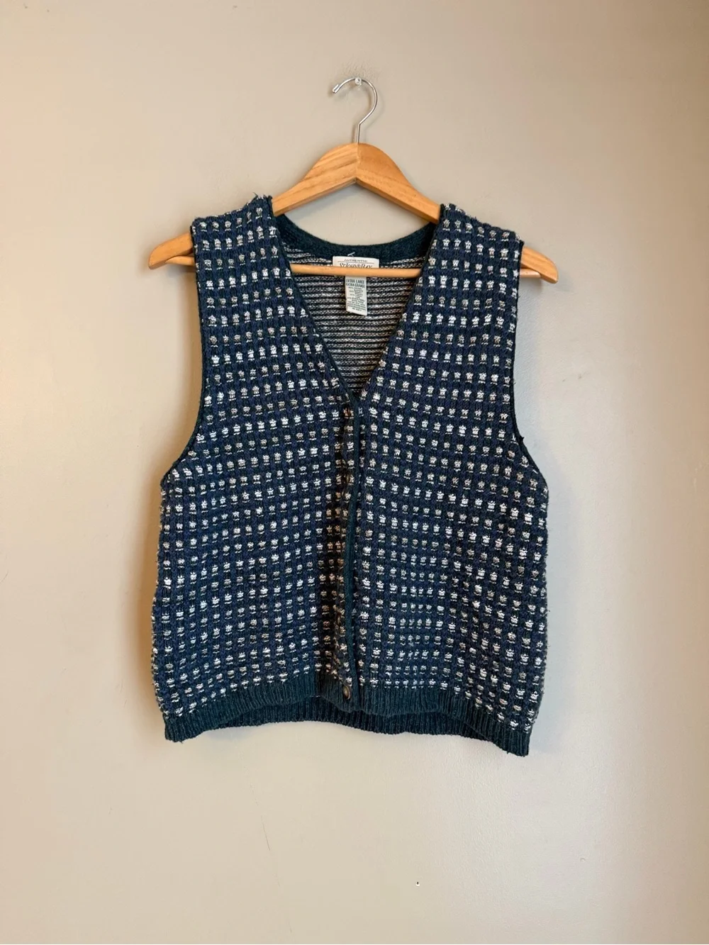 Vtg St Johns Bay Vest Womens Medium Cotton Linen Blend Navy Cream 90s Preppy XL